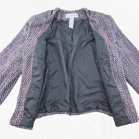 Y2K Sag Harbor Tweed Jacket Black Pink Boucle Fringe Trim Blazer Size 14 - Picture 9 of 11